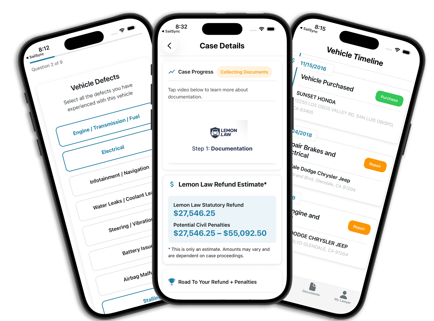 Lemon.Law mobile app screenshots showing vehicle defect tracking, case details with refund estimate, and vehicle timeline