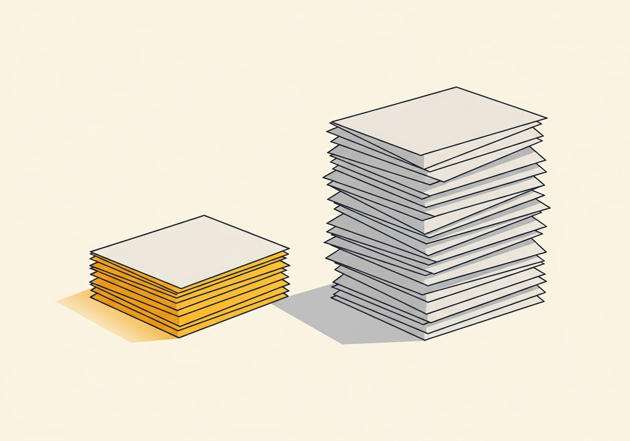 A short yellow stack of papers next to a much taller gray stack, representing a 60-day fast track compared to 12–24 months of traditional litigation