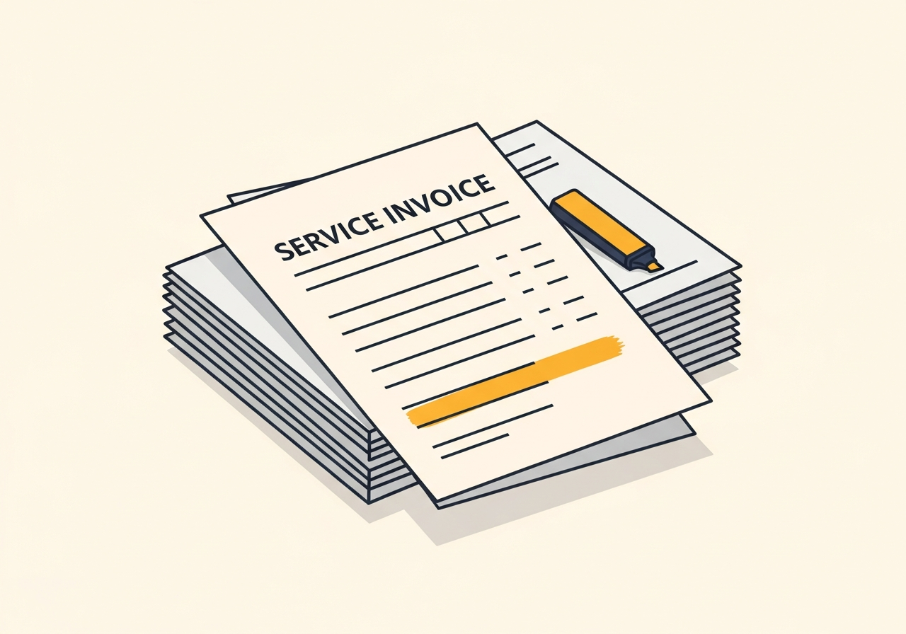 A stack of repair invoices with one line highlighted in yellow