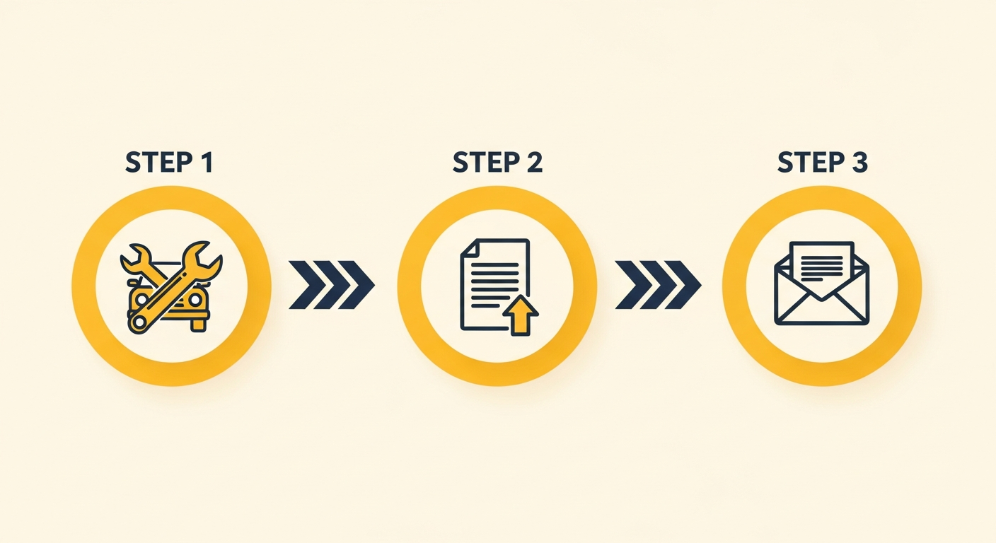 Three circular steps: a wrench, a document with an upload arrow, and a sealed envelope, connected by navy arrows